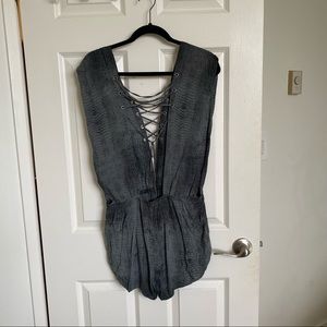 Indah Blue Snake Print Short Romper w/ Lace up Front and Back